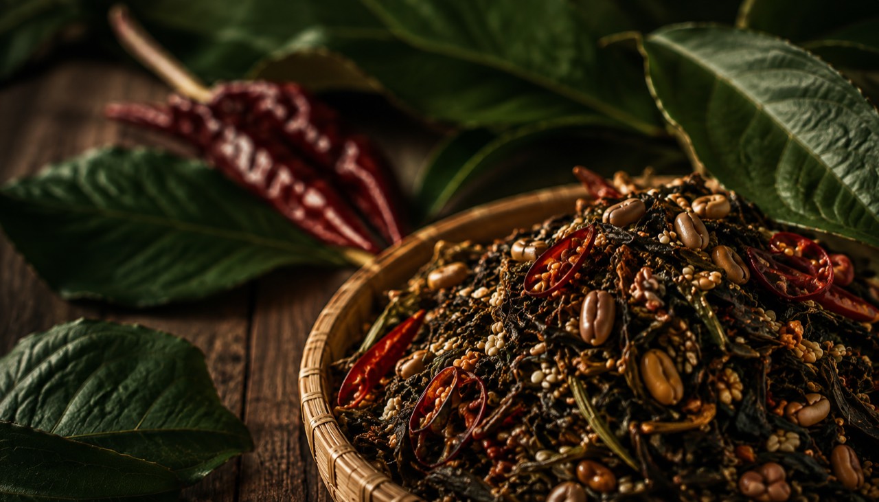 A bamboo tray of Ah Yee Taung laphet with dried chilli and tea leaves
